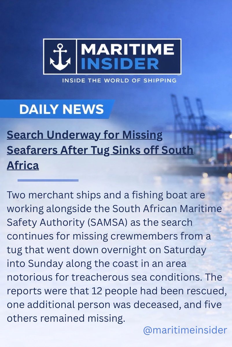 MartimeInsider's tweet photo. 🔵Daily News: 

Two merchant ships and a fishing boat are working alongside the South African Maritime Safety Authority (SAMSA) as the search continues for missing crewmembers from a tug that went down overnight on Saturday into Sunday along the coast in an area notorious for treacherous sea conditions. The reports were that 12 people had been rescued, one additional person was deceased, and five others remained missing.

The emergency call was received by the Maritime Rescue Coordination Center in Cape Two at around 1900 on Saturday, February 28. The crew of the tugboat named Leo advised that they were uncontrollably taking on water. Some reports suggest that the vessel, which was 18 nautical miles off the coast between Cape Town and Durban, had grounded during a storm. 

The 18 people aboard the tug reported they were preparing to go into four life rafts before the vessel went down early on March 1. SAMSA reports their position as approximately 80 nautical miles south of Mossel Bay.

The reports are that the tug was from Nigeria and had been in South Africa for repairs. It was starting a return voyage to Lagos.

The coastline is notorious for difficult sea conditions and strong storms. SAMSA reports that adverse weather conditions are challenging the search operation. It said all available resources were being utilized, including a helicopter.

The 12 survivors were being transferred to Port Elizabeth. The Nigerian government had been advised, and a representative was at Port Elizabeth to meet the survivors and provide them with assistance.

Follow @MaritimeInsider for verified maritime updates.

Join our WhatsApp channel for more updates:
https://t.co/P84F1J4riM 

Join our X account : 
https://t.co/3lm2KANJqn 

Join our FB page : 
https://t.co/TE7j5l13QM

#MaritimeInsider #MaritimeNew #ShippingNews #PortUpdates #GlobalShipping