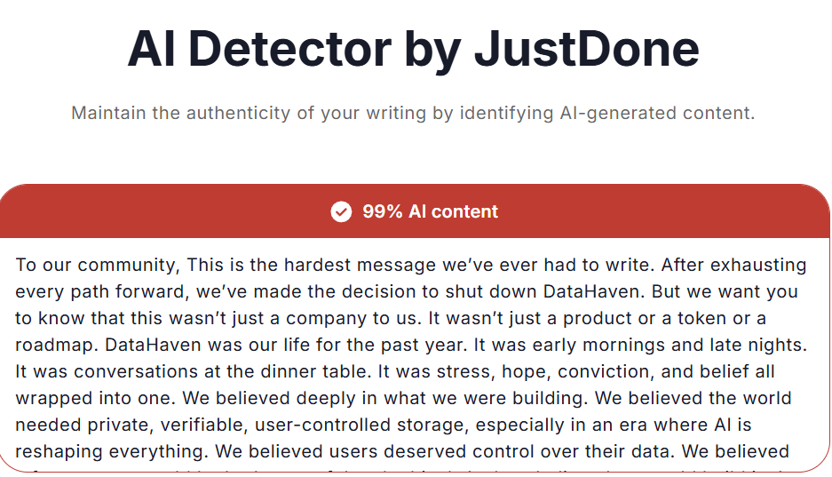 DataHaven has been shut down

And they wrote their farewell letter with the help of AI

<a href="/DataHaven_xyz/">DataHaven 🫎</a> didn't care about you, and the letter confirmed it