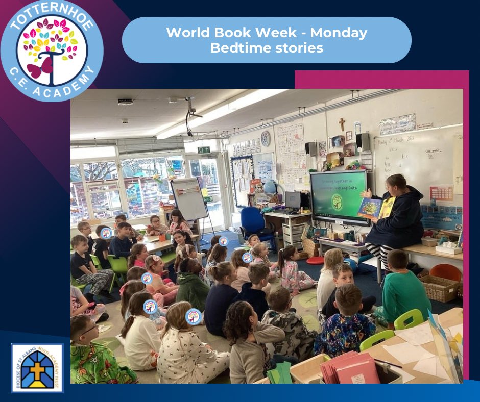 TotternhoeCE's tweet photo. At @TotternhoeCE we turn @WorldBookDayUK into a whole week! 
Monday was Bedtime Stories, staff &amp; children came to school in PJs &amp; comfy clothes to read some amazing stories. With a choice of which ones they wanted to hear, the year groups mixed together and listening intently https://t.co/s5iOYFpyE0