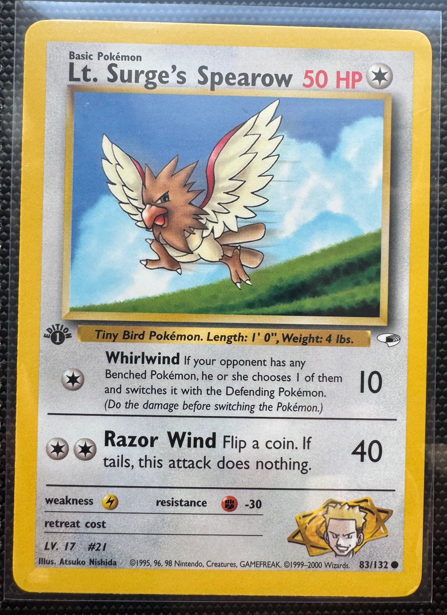 Estimated 1.5 million 1st Edition Gym Heroes Lt. Surge’s Spearows (English) printed in 2000.

Estimated Combined Graded Population:

PSA: 338 (with 70 PSA 10s)
CGC: ~100
BGS: ~50
SGC: ~20-30

While thousands exist in raw condition, only a tiny fraction survived in "collector