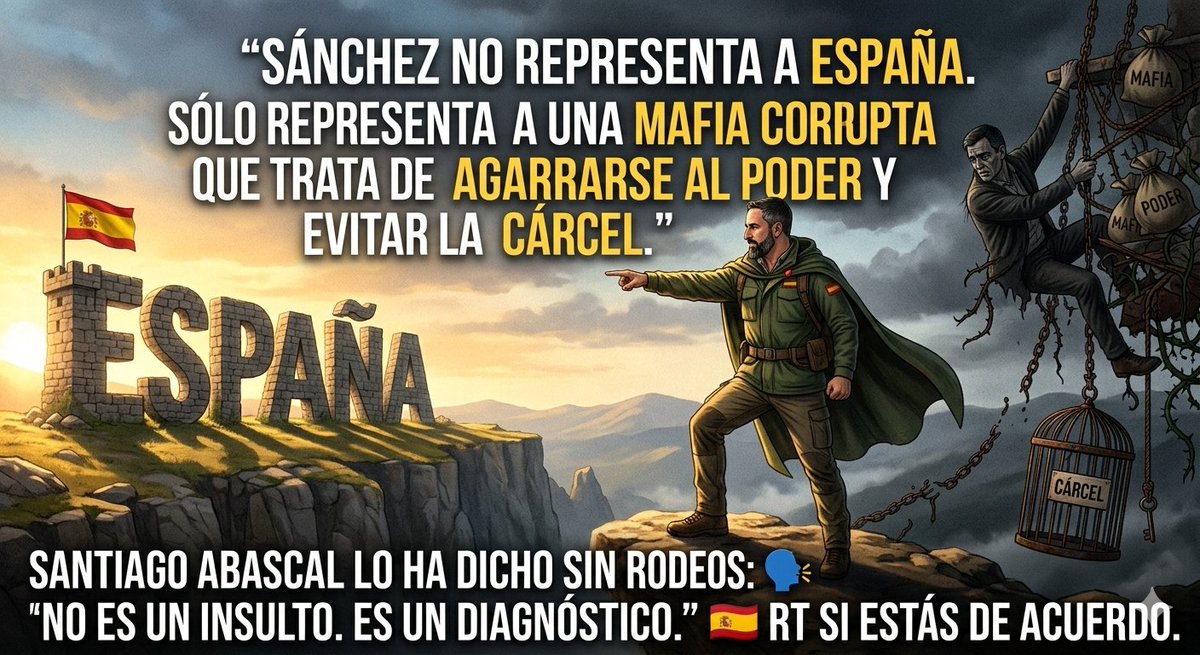 Santiago Abascal lo ha dicho sin rodeos:🗣️ "Sánchez no representa a España. Solo representa a una mafia corrupta que trata de agarrarse al poder y evitar la cárcel. "No es un insulto. Es un diagnóstico.🇪🇸 RT si estás de acuerdo.
#SantiagoAbascal #SoloQuedaVOX #SiguemeYTeSigo