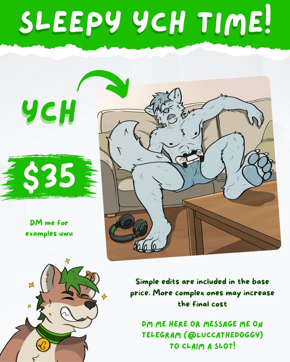 LuccaTheDoggy's tweet photo. "Sleepy" YCH Time!

Price: $35 USD

Payment via PayPal only (after sketch)
DM me here or on Telegram: @/LuccaTheDoggy

Likes and shares are really appreciated :3

#furry #furryart #ych #ychfurry #paws #paw https://t.co/B2YbttiJGn