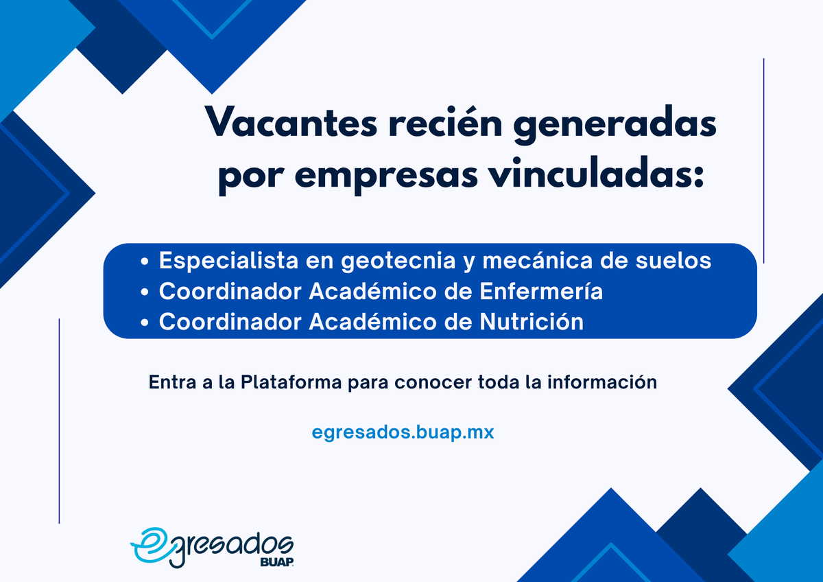 🚨 Nuevos espacios laborales ❗️

¡Postúlate con un solo clic! 🖱️

💻 egresados.buap.mx