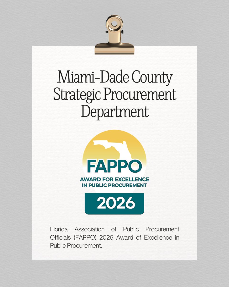 mdcspd's tweet photo. We are proud to announce that @MiamiDadeCounty Strategic Procurement Department has received the 2026 Award of Excellence in Public Procurement from the Florida Association of Public Procurement Officials (FAPPO). #miamidade #OurCounty #strategicprocurement https://t.co/bK0zRa2sRT