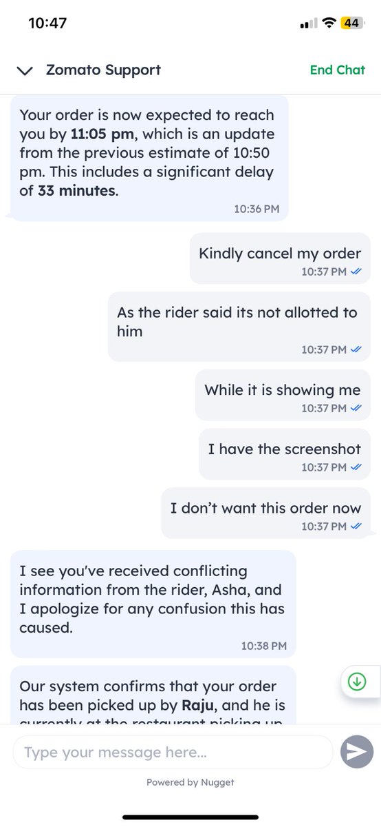 bbpremi's tweet photo. @zomatocare @zomato @deepigoyal highly disappointing experience...order dinner at 9.48 pm and not received food till 10.45. when called restaurant, they are of no help, rider informed he has no such order, zomato refused to cancell order. Who eat dinner at 11pm. https://t.co/1taXsIzeaH