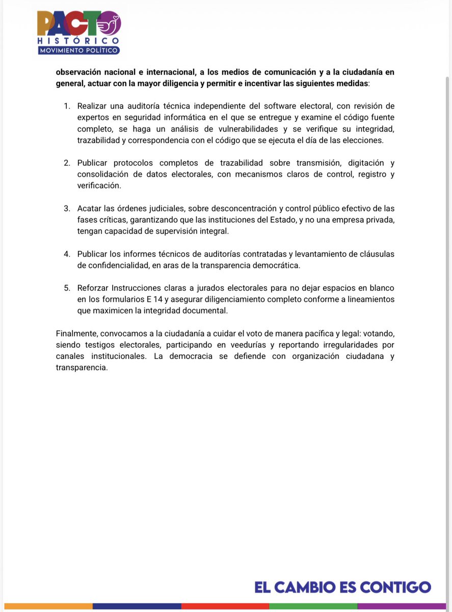 Alertamos sobre riesgos en la transparencia electoral: falta de auditoría independiente al software, concentración en un proveedor privado y la persistencia de irregularidades probadas judicialmente desde 2014.
Exigimos garantías reales y control público.
#CuidemosLaVictoria