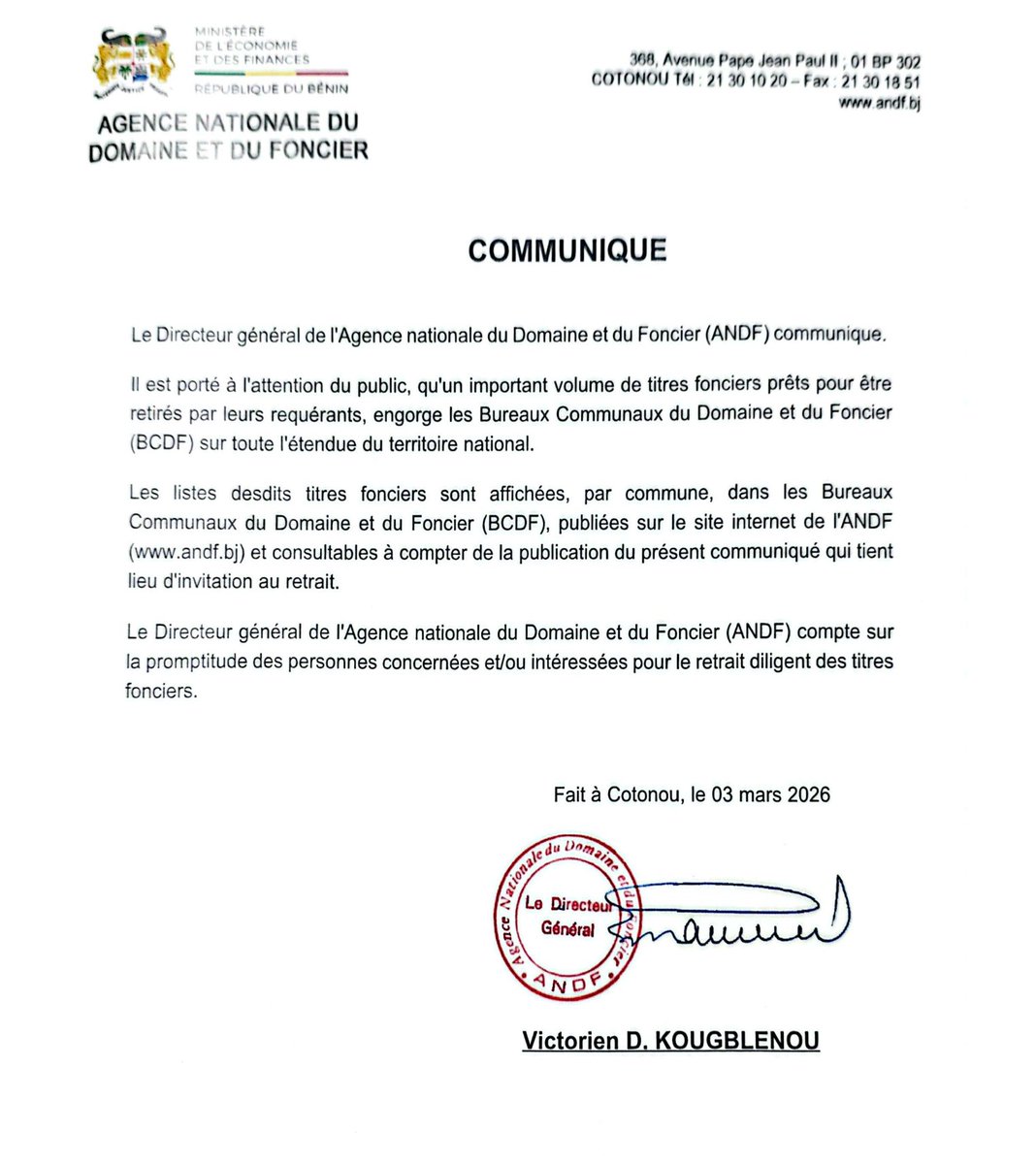 *Immobilier au Bénin :*

*Des centaines de titres fonciers en attente des propriétaires terriens* 

visages-du-benin.bj/immobilier-au-… 

#Benin, #wasexo, #VisBen, #TitreFoncier

Notre chaîne WhatsApp : 

whatsapp.com/channel/0029Va…