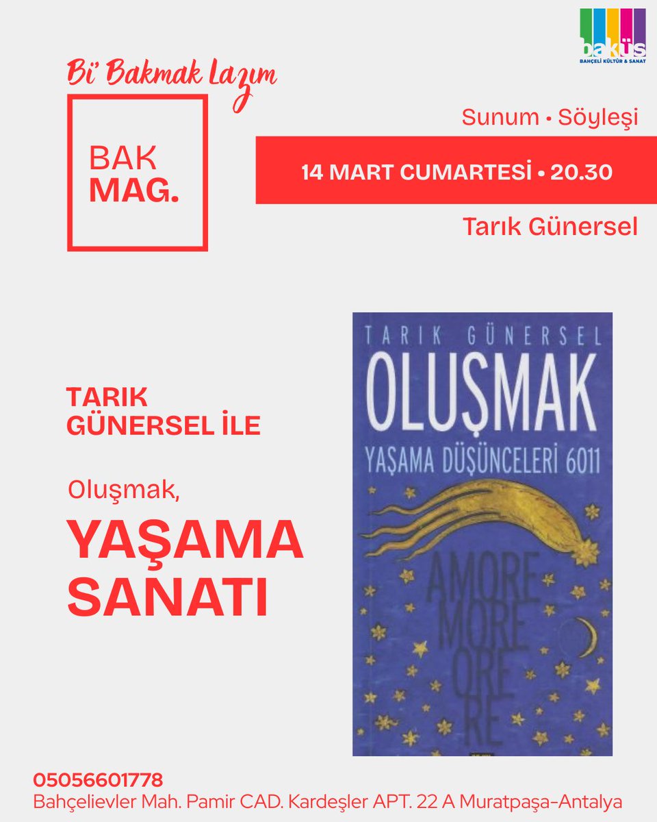 BakusSahne's tweet photo. Tarık Günersel ile 

Oluşmak,
YAŞAMA SANATI 
Yaşama Düşünceleri

Sunum • Söyleşi

14 Mart Cumartesi 
20.30
Baküs Sahne 

Biletler Biletinial'da ve Baküs'te 🎟️ 

İletişim: 0505 660 17 78

#yaşamasanatı #tarıkgünersel #bakmag https://t.co/YIBx91ToZJ