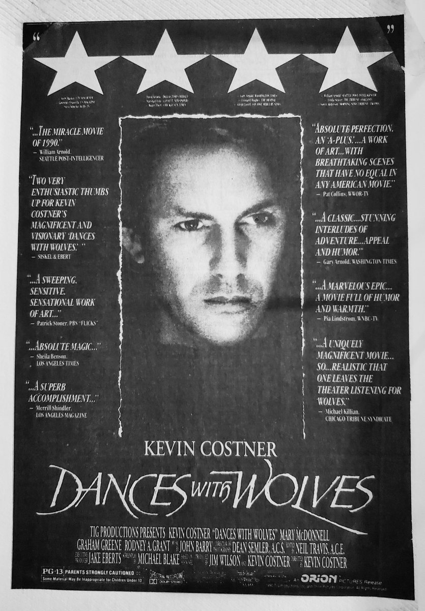 ClassicHBOGuide's tweet image. March 1992 @Showtime - the #Oscar winning western: DANCES WITH WOLVES directed by and starring @KevincostnerHZ - newspaper ad, advance one sheet #1990s #cinema