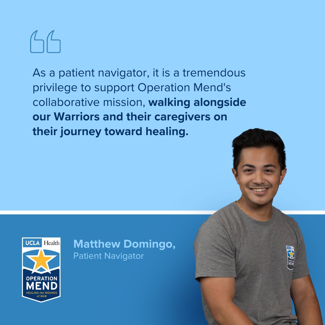 Operation_Mend's tweet photo. Proud to recognize Matthew Domingo, Patient Navigator, as an Ally of #OperationMend. 💙

Matt walks alongside our Warriors and their caregivers, guiding them through every step of their healing journey. 🇺🇸

Thank you for your dedication to post-9/11 Veterans and families. 🎖️ https://t.co/Eb3LFcQlNR
