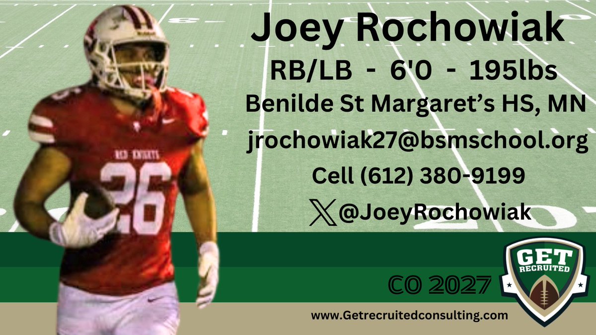 Get__Recruited's tweet photo. Joey Rochowiak - CO 2027 - FB/RB/LB - 6'0, 195lbs - Tough, physical, quick, &amp; versatile. Benilde St. Margaret's HS, MN. Profile: https://t.co/JkGF1MiR1K @JoeyRochowiak @1of1lifeskills @JudsonUfootball @MarianUFootball @ONAZFootball @StXTigersFB @USFSaintsFB @usf_fb https://t.co/PdQXJPKoua