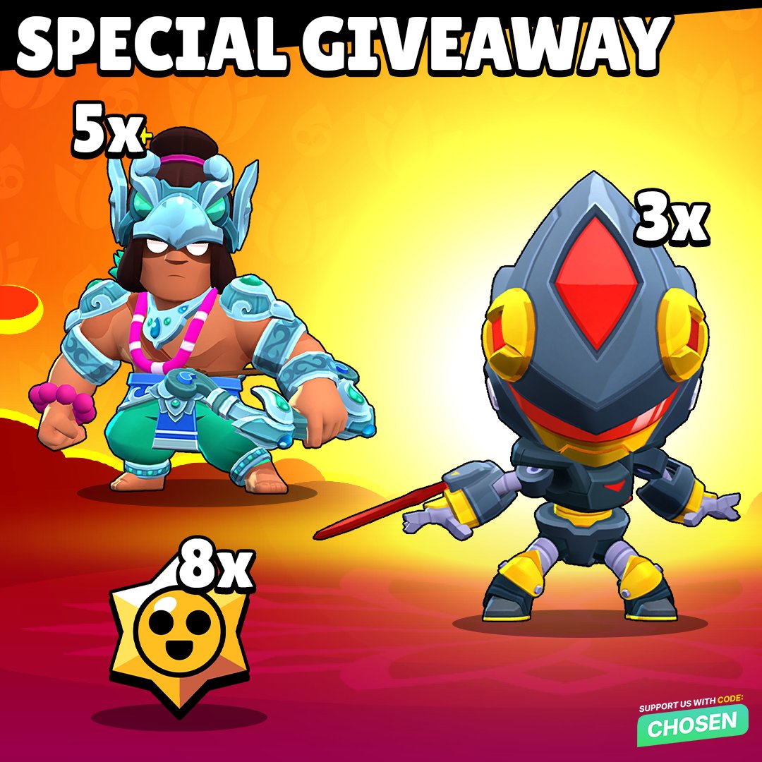 5x Brother Bo + 3x Shadow Mecha Leon + 8x Starr Drops Giveaway! 🔥

To enter:
- Follow <a href="/BrawlNetworkX/">Chosen Network</a> &amp; <a href="/Brawlytix/">Brawlytix</a> 🤝
- Like &amp; Repost this post ❤️♻️
- Use Code: Chosen on the store and in-game - store.supercell.com/brawlstars?boo… // link.brawlstars.com/supportcreator…

#SupercellPartner #BrawlStars