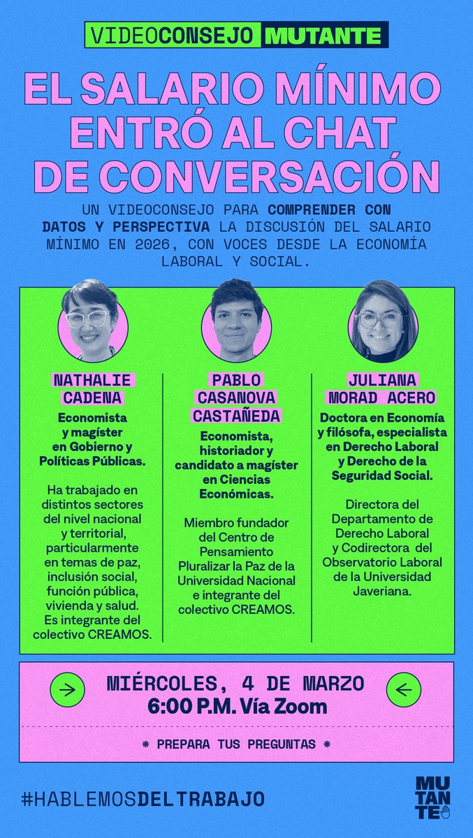 Hoy a las 6:00 p.m. tendremos un Consejo Virtual abierto para conversar sobre el salario mínimo 💬💰. Queremos invitarlos a sumarse y participar en la conversación.

Aquí les dejamos el enlace de Zoom para conectarse: us06web.zoom.us/j/83146170769?…

Vayan apuntando sus dudas para