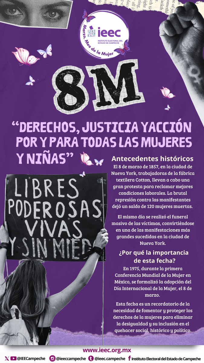 IEECampeche's tweet photo. 💜 8M | No se celebra, se conmemora. ✊
El Día Internacional de la Mujer nace de luchas históricas por derechos civiles, laborales y políticos; esta fecha simboliza resistencia y exigencia de justicia para todas las mujeres. ✊ #IEEC #marzomesdelamujer #CSocial #8M https://t.co/NaclS01NC5
