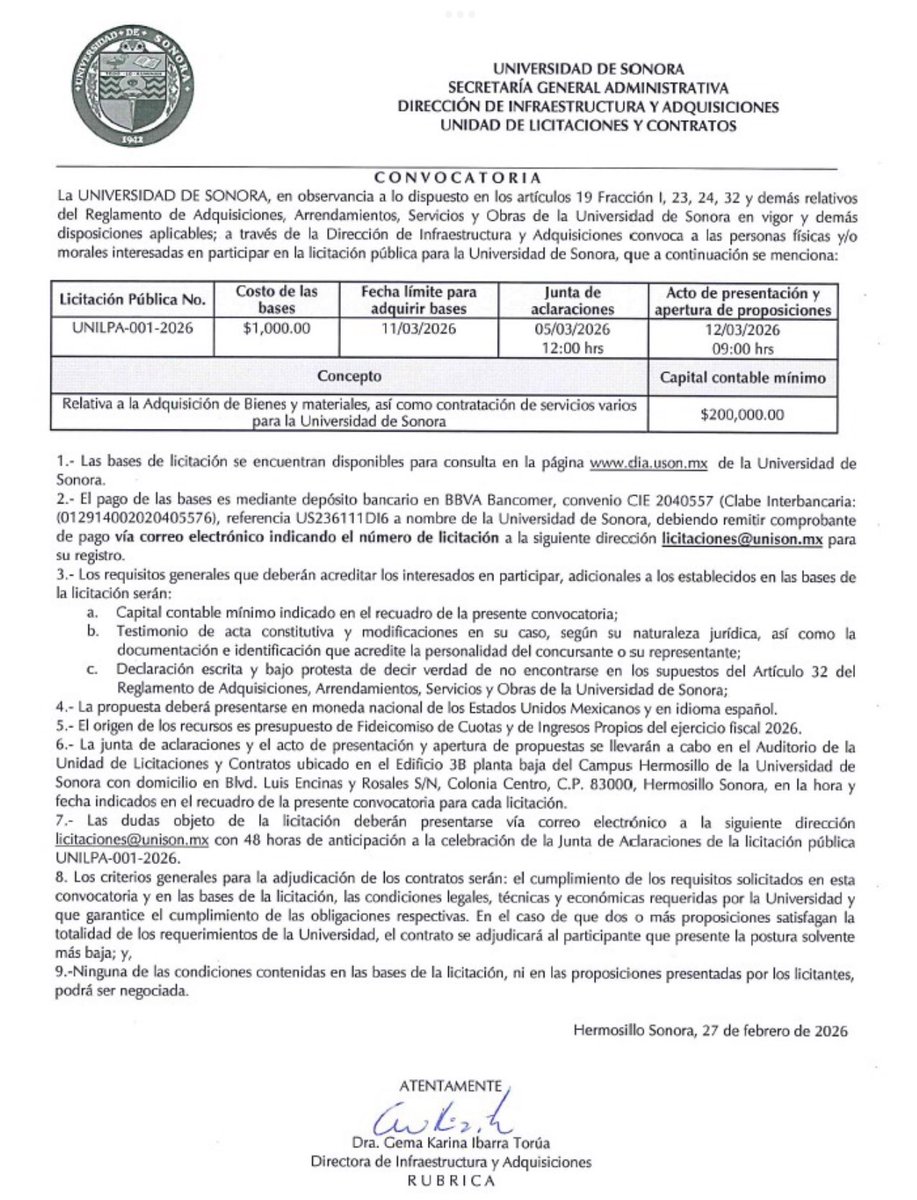 diaUNISON's tweet photo. 📢 @soyunison convoca a licitación pública relativa a la adquisición de bienes, materiales y servicios varios para la UNISON. 🔗 Más información aquí 👉 https://t.co/iHmLObxl5D
#UNISON #Licitación #Adquisiciones  @concanaco.oficial @coparmexson @canacintrahmo @canacohermosillo https://t.co/J5aNh0DGQJ