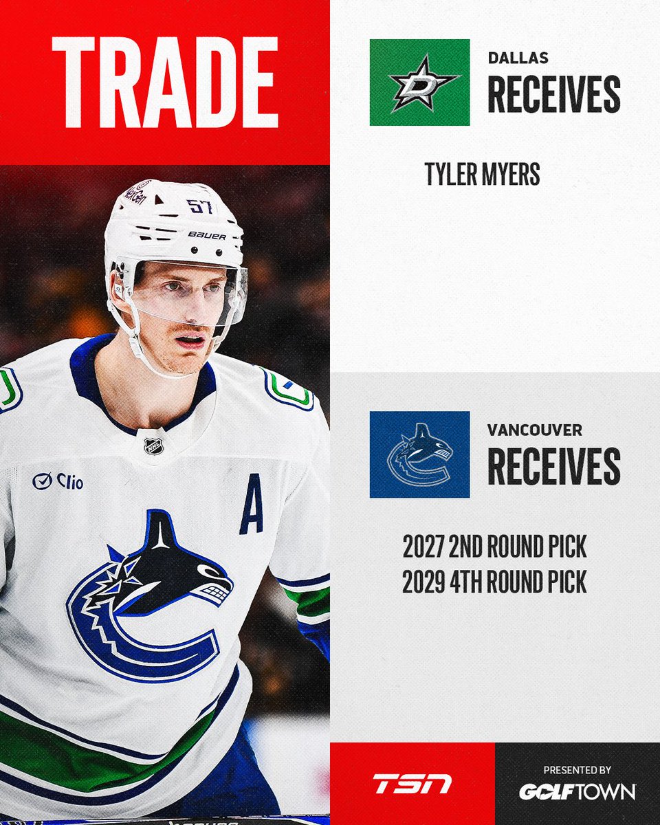 TSN_Sports's tweet photo. Tyler Myers is heading to Dallas, per Darren Dreger. 

#TradeCentre @golftown https://t.co/T11Mm44av6