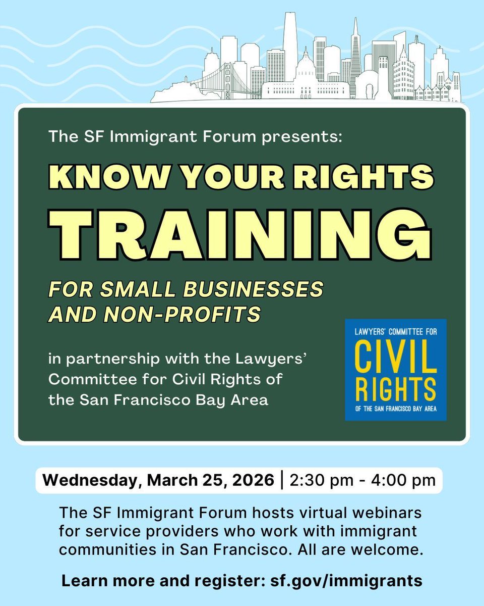 OCEIA_SF's tweet photo. The SF Immigrant Forum presents a Know Your Rights Training for Small Businesses and Non-Profits, in partnership with the Lawyers’ Committee for Civil Rights of the San Francisco Bay Area.
Join us for this virtual webinar on March 25 at 2:30 pm.
Register: https://t.co/OWKTOq0Tlj https://t.co/LJhYYC4Hkf