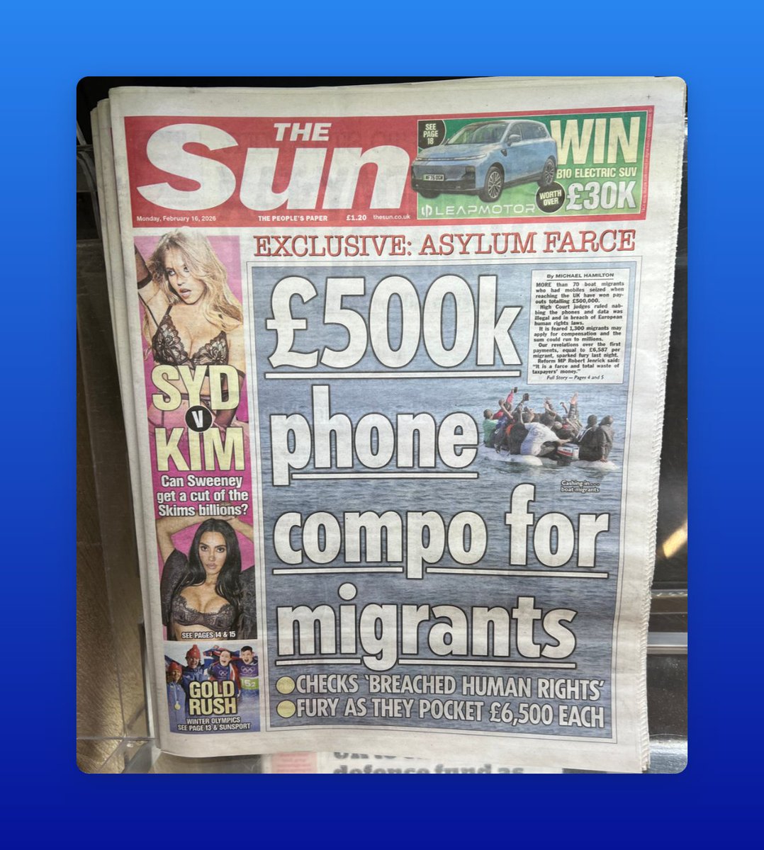 Sun headline about £500k compensation for migrants, discussing human rights, and public outcry over payouts.