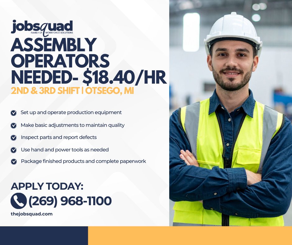 JobSquadMich's tweet photo. Otsego, we’re hiring! 💥 Step into a 2nd or 3rd shift Assembly Operator role and earn $18.40/hr. Call (269) 968‑1100 to apply! #JobSquad #HiringNow #AssemblyOperator https://t.co/z26Cwu4tn6