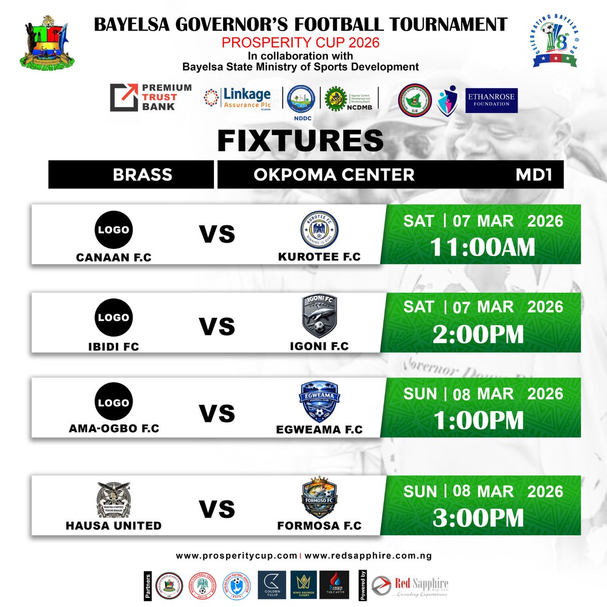 The preliminary round of Nigeria's biggest grassroots football spectacle, the Bayelsa Governor's Football Tournament tagged the Prosperity Cup will take centre stage this weekend in Brass Local Government Area of the State. 
<a href="/Mekusss/">Emeka Nwani</a> <a href="/J12Francis/">francis joseph(FJM)</a>