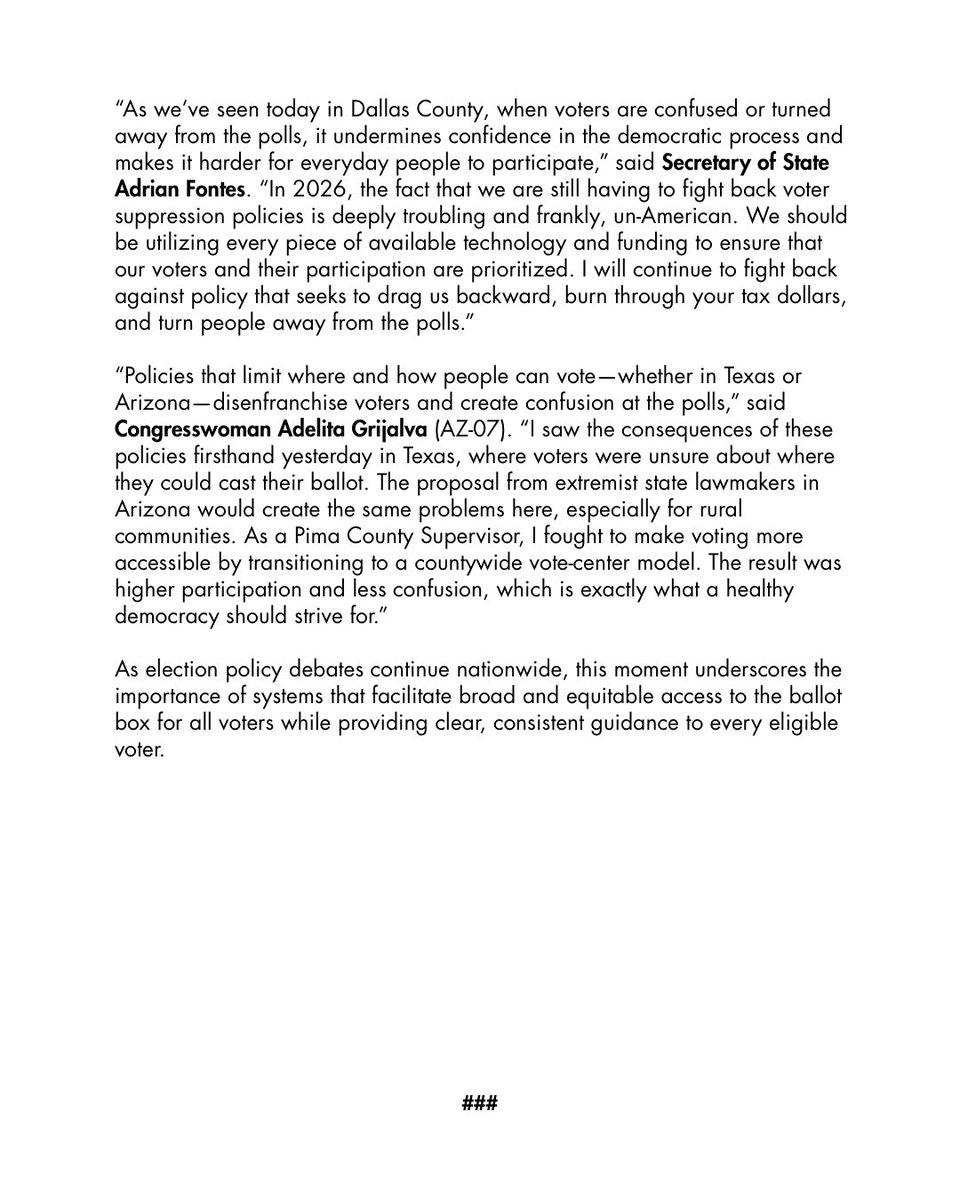 PRESS RELEASE: Fontes, Grijalva Respond to Polling Confusion in Dallas County and Implications for Voting Access Across the Country