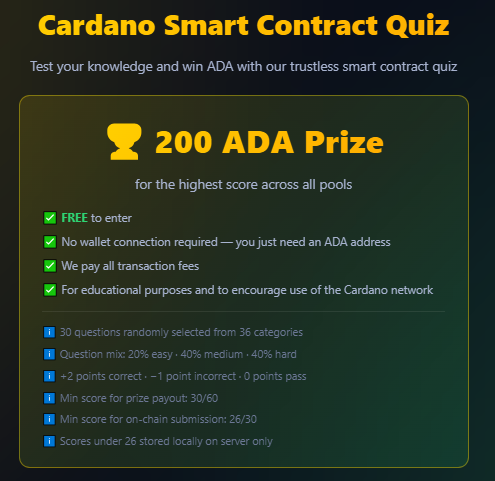 GrahamsNoPlus1's tweet image. Tried our quiz ? ⚡️200 ADA Prize⚡️

- FREE entry
- no wallet connection
- enforced by Cardano Smart Contract
- we pay tx fees
- just enter an ADA address
- DM for entry code

👉grahamsnumberplus1.com

Note: Codes only provided to Cardano related X accounts
#quiz #smartcontracts