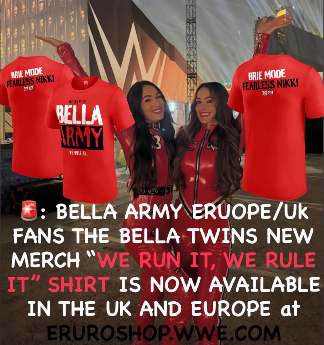 ForeverxBellas's tweet photo. 🚨: Uk/EU FANS THE BELLA TWINS NEW MERCH “WE RUN IT WE RULE IT” SHIRTS ARE NOW AVAILABLE ON THE WWE ERUOPE SHOP!! Go and grab yours now! 

Can’t wait for mine to come so excited 😍😍

@NikkiAndBrie #WERUNIT #WERULEIT #BellaArmy https://t.co/CPu9fHausp