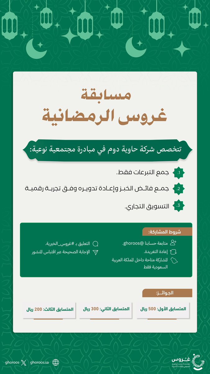 مسابقة #غروس_الخيرية الرمضانية 

وفق المرفق..
شاركوا..
وادخلوا السحب اليومي..
وسيتم الإعلان عن الفائزين في اليوم التالي الساعة: 11:30 مساءً.

<a href="/dom_sa11/">دوم | DOM</a> 

#غروس_عطاء_وأثر