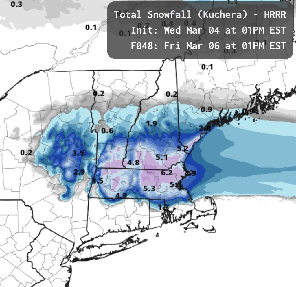 MA_wxforecast's tweet photo. HRRR this far out sucks but it’s spitting out big numbers https://t.co/4psqpP4k11