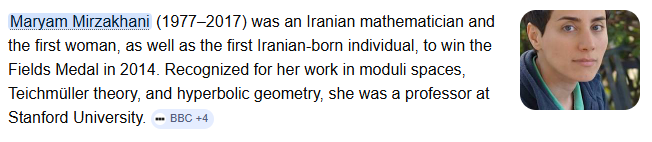 <a href="/DavidBCollum/">Dave Collum</a> in 2014, an Iranian woman won the Fields Medal in mathematics.  This is an accomplishment both for her and for her society, one that challenges the cartoons drawn by US media.  (No US woman has ever won a Fields Medal.)