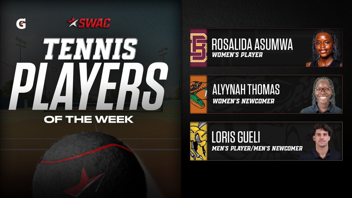 theswac's tweet photo. SWAC Tennis Players of the Week: Mar. 4

@gatorade

🐱 Rosalida Asumwa, Women's Player
🐍 Alyynah Thomas, Women's Newcomer
🐝 Loris Gueli, Men's Player/Men's Newcomer

#SWACTEN | #BuildingChampionsForLife https://t.co/tK9zQqkwA2