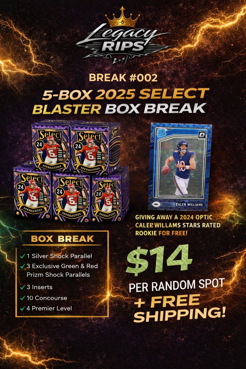 Big THANKS to everyone who joined and supported Legacy Rips on our maiden voyage! Now, lets run it back!  
🚨BREAK #002🚨 

BONUS GIVEAWAY: 2024 Optic Caleb Williams Stars Rate Rookie. 

1. Like 
2. RT

Winner selected when break fills!