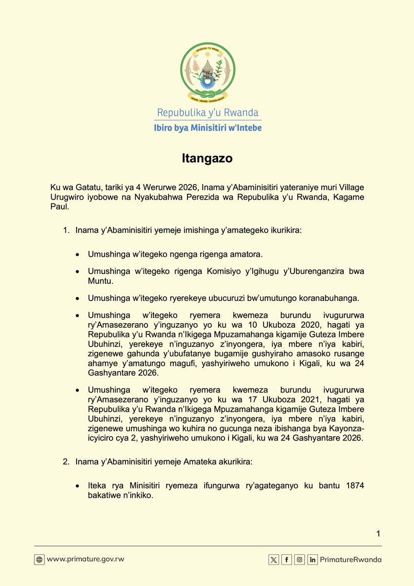 ITuyisingize's tweet photo. RT @PrimatureRwanda: Itangazo ry'Ibyemezo by'Inama y'Abaminisitiri yo ku wa 4 Werurwe 2026 https://t.co/ZTiOP5xmR9