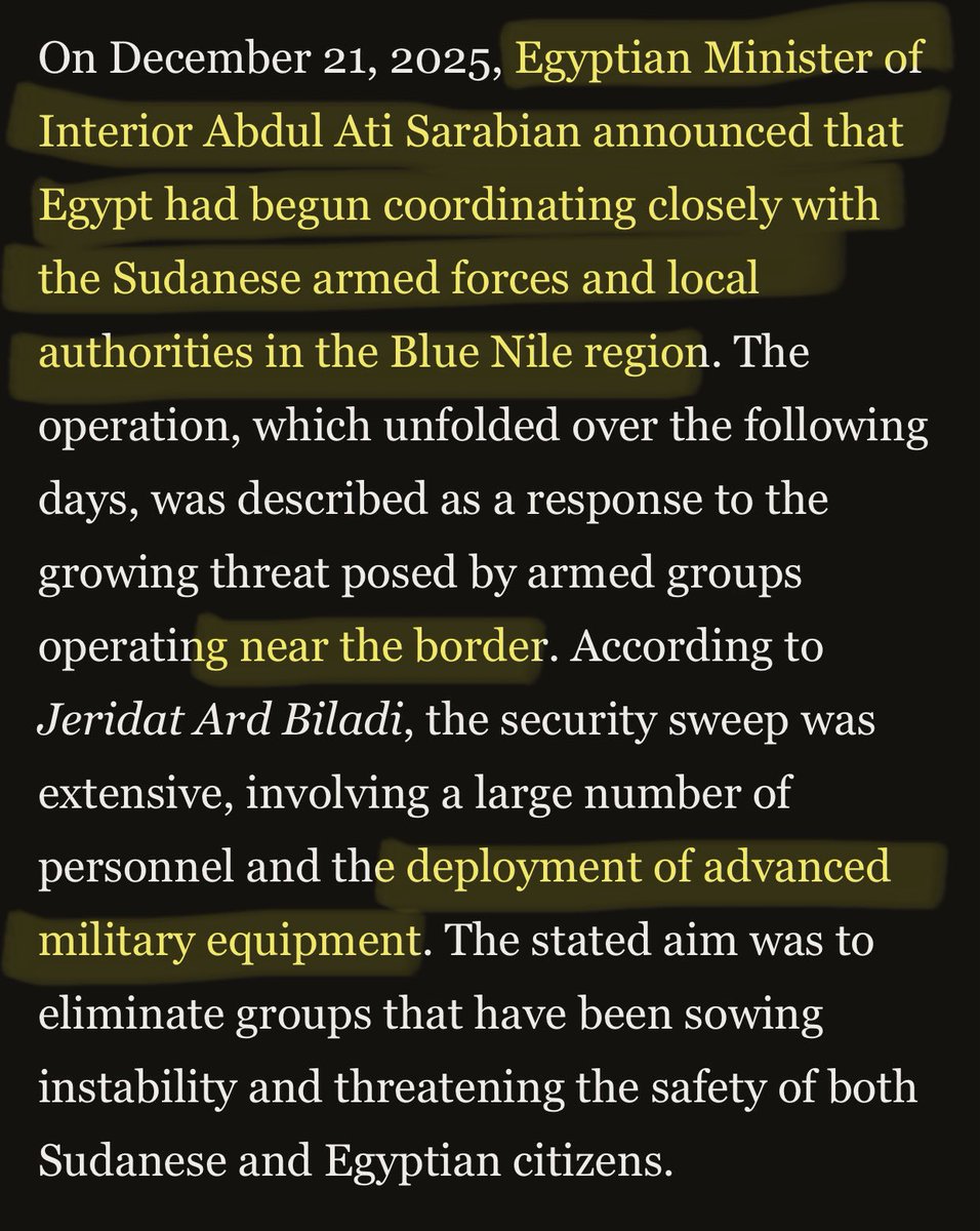 TruthInHorn's tweet photo. The situation in benishangual gumuz/Blue Nile state should be monitored very closely. Egypt being one of if not the biggest ally of Sudan currently from militarily, economically, diplomatically, infrastructure, etc. Has given Egypt a lot of leverage over the SAF, and we have seen this play out with Sudan’s pivot from its previously neutral sometimes almost pro Ethiopia stance on the Nile issue to a now total alignment with Egyptian interests on the matter. I don’t think that’s by accident. 

I have a feeling Egypt is using that leverage it has over the SAF to project power and push itself into the Blue Nile state and positioning itself on the doorsteps of the GERD dam, maybe to create fear and pressure on adis ababa or in the worst case scenario to use the RSF-Ethiopia working together claim as way to manufacture consent to carry out military operations in the benishangual Gumuz region and in turn on the GERD dam itself.