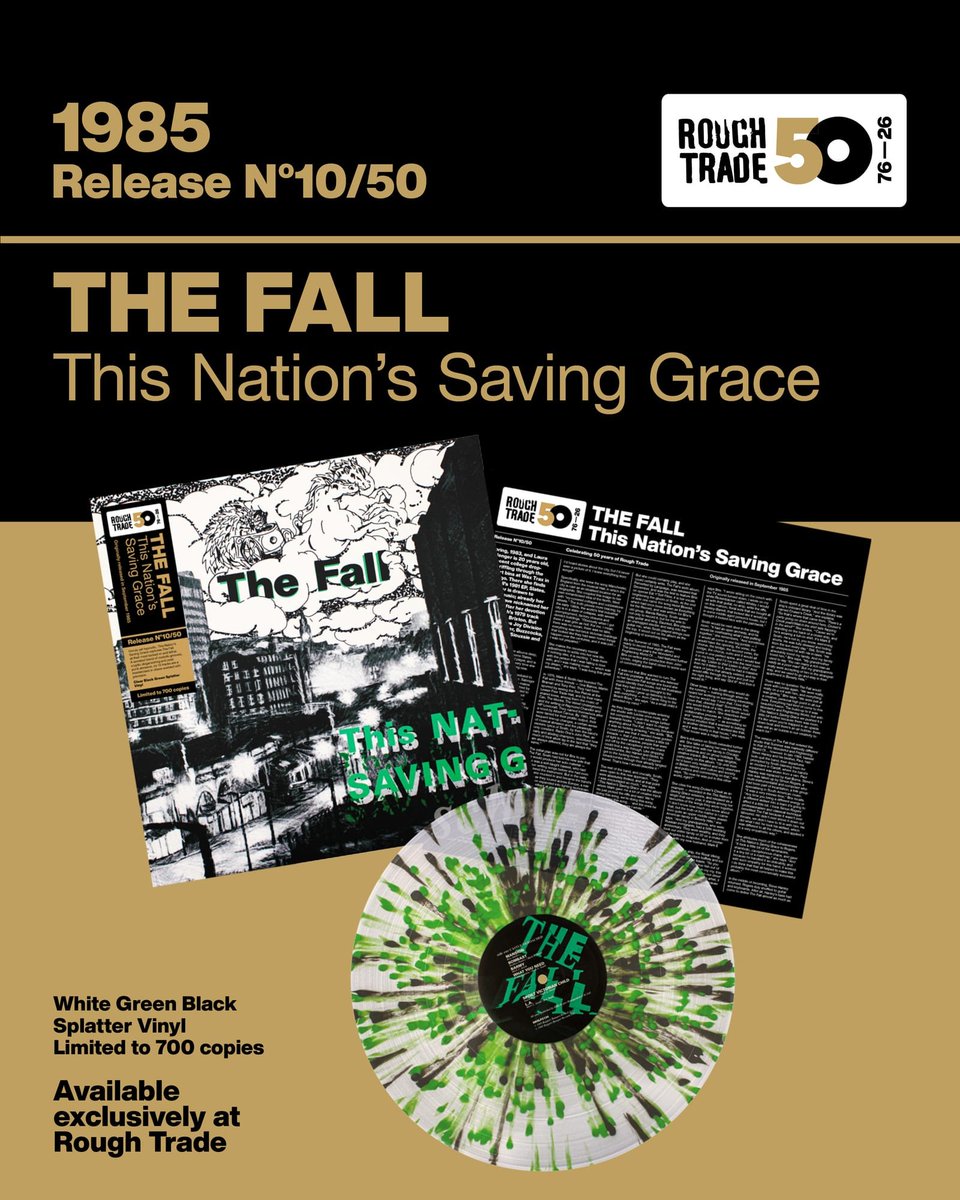 RoughTrade's tweet photo. Get 'This Nation's Saving Grace' on Rough Trade Anniversary white/green/black splatter vinyl + bespoke insert featuring new commentary by Brix Smith.

#RoughTrade50

https://t.co/mXc071cuTN https://t.co/pO4ya4vVUv