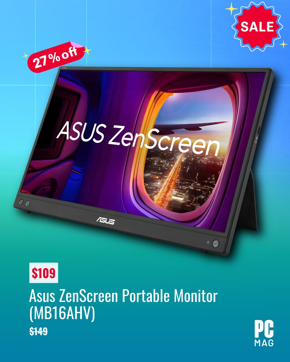 PCMag's tweet image. The Asus ZenScreen portable monitor features an anti-glare screen, an ultra-thin design, and a versatile kickstand/tripod socket. This portable monitor will change the way you work on the go. Grab it now for $109 (down from $149) amzn.to/4u4o47j

#Asus #PortableMonitor