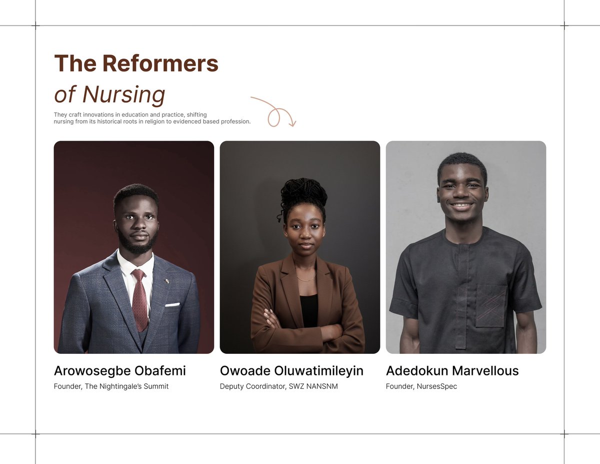 Day 12 of posting on X
Nothing much today, just a clean, minimalistic design showcasing Nurses that are pushing the profession forward.
Watch out for these ones. They will do great things in the not so distant future..
Reviews are well appreciated.
#DesignWithOlúwabámisé
