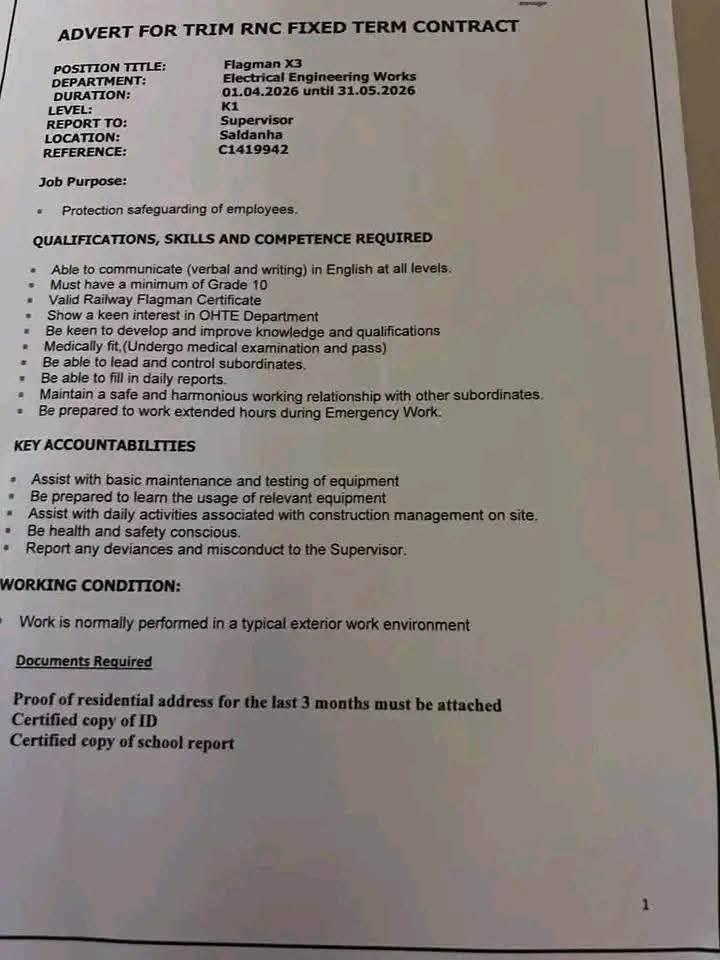ThabangMabulan_'s tweet photo. TRANSNET

Position: General Worker X30

CLOSING DATE FOR APPLICATIONS:
Close of business 09 March 2026

Good Luck!
#OpportunitiesWithThabang https://t.co/sodBlkzbc8