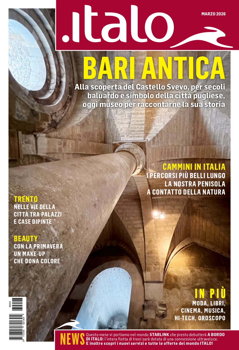 EdiPressTwit's tweet photo. 🔴Italo magazine di marzo è a bordo!
🏰La storia di copertina del nuovo numero è dedicata al  Castello Svevo di Bari. 
All'interno del magazine:
🏢A spasso per Trento tra palazzi e case dipinte
🚶 Cammini in Italia: i percorsi più belli lungo la Penisola
E tanto altro ancora... https://t.co/jqpNUTCv9Y