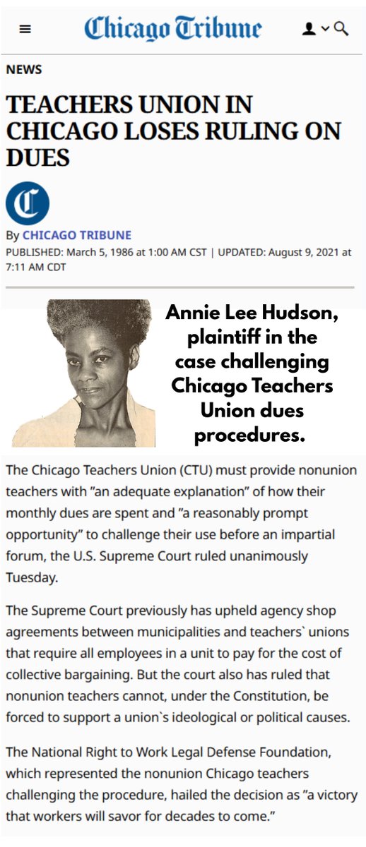 RightToWork's tweet photo. Forty years ago today, the U.S. Supreme Court unanimously ruled in Chicago Teachers Union v. Hudson that forced union fees can't be collected from public workers without certain First Amendment procedural safeguards. This was one of a series of @RightToWork victories at SCOTUS. https://t.co/N4McBs94yn