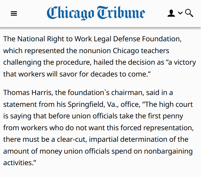 RightToWork's tweet photo. While these safeguards ultimately proved insufficient to fully protect public employees' 1st Amendment rights, Hudson and @RightToWork's other SCOTUS cases laid the groundwork for the landmark 2018 Janus victory prohibiting unions from requiring public sector workers to pay dues. https://t.co/j2esevY4eI