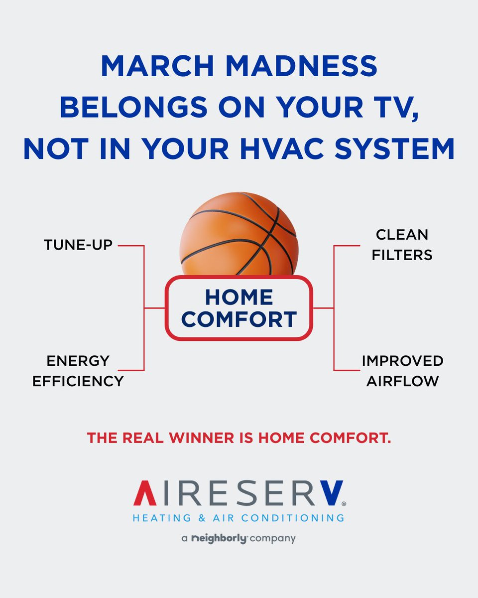 ASVspokane's tweet photo. March Madness belongs on your TV, not in your HVAC system. 🏀

Prevent breakdowns before temperatures spike with a spring check‑up. Aire Serv® keeps your home in the comfort winner’s bracket all season long.

#AireServ #Neighborly #MarchMadness #HomeComfort https://t.co/EP759xi8di