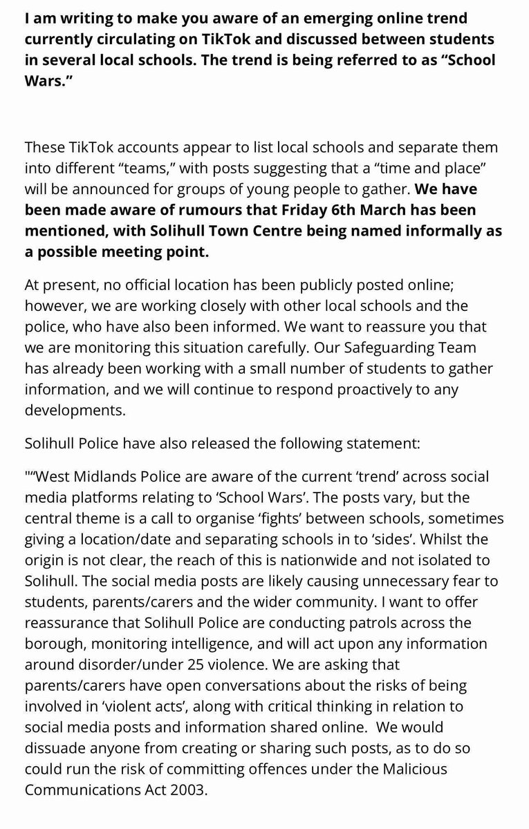 SolihullUpdates's tweet photo. Lode Heath School in #Solihull has issued a warning to parents regarding an emerging online trend currently circulating on TikTok and discussed between students in several local schools. The trend is being referred to as ‘School Wars’. https://t.co/mLVAq4Bk0H