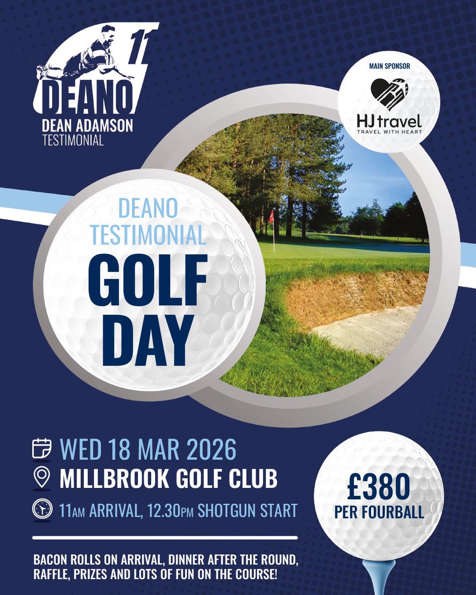 DeanTestimonial's tweet photo. ⛳️ GOLF DAY | Due to a late dropout, a team has become available at the next @DeanTestimonial event 🏌️ 

📅 Wed 18 Mar from 11am ⏰
📍 Millbrook Golf Club 🌳
🥓 Bacon rolls &amp; two course meal 🥘 
🥇 Great prizes and fun 🎉

Book the final fourball via deanotestimonial@gmail.com 📧 https://t.co/hzyzeg73MS