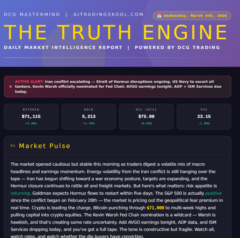 Jamar_100's tweet photo. DOWNLOAD YOUR TRUTH ENGINE REPORT

Most traders saw the Iran headlines today and froze.
FOG TRADER: "I'll wait for things to calm down."

CLARITY TRADER: "The market's positive since the conflict started — THAT is the signal."

By the time fog traders felt safe, the move was already 20-30% gone.

Today's Truth Engine report has the full breakdown
+ 3 live setups I'm watching right now.

Which one are you? Comment below 📷
(check the comments for the report)