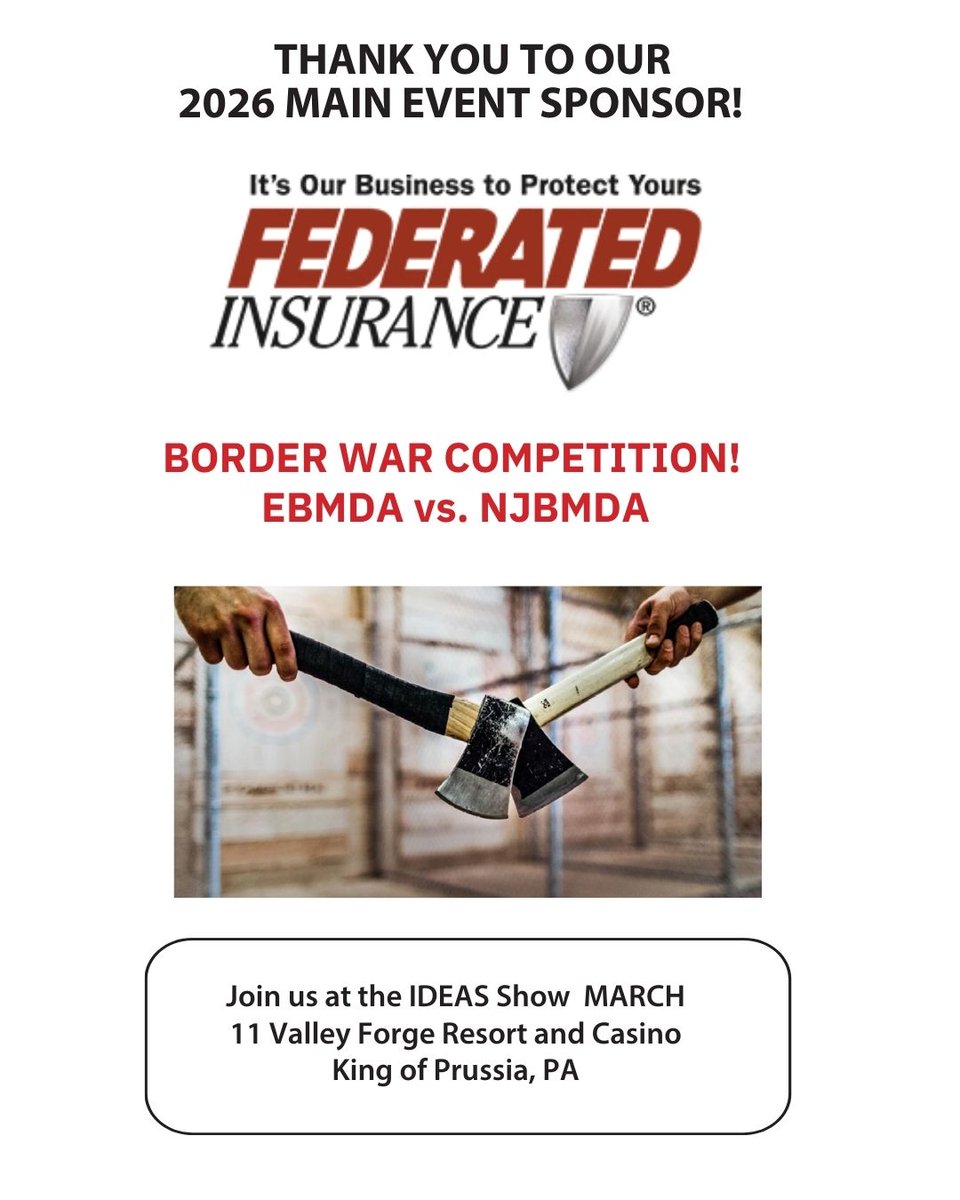 Just a reminder! Spend the evening with us on March 10 and test your skills as an Axepert at Bury the Hatchet in King of Prussia, PA—the night before the IDEAS Show. See who will take the first round of the 2026 EBMDA/NJBMDA Border Wars.

Grab a hatchet and come hang out!