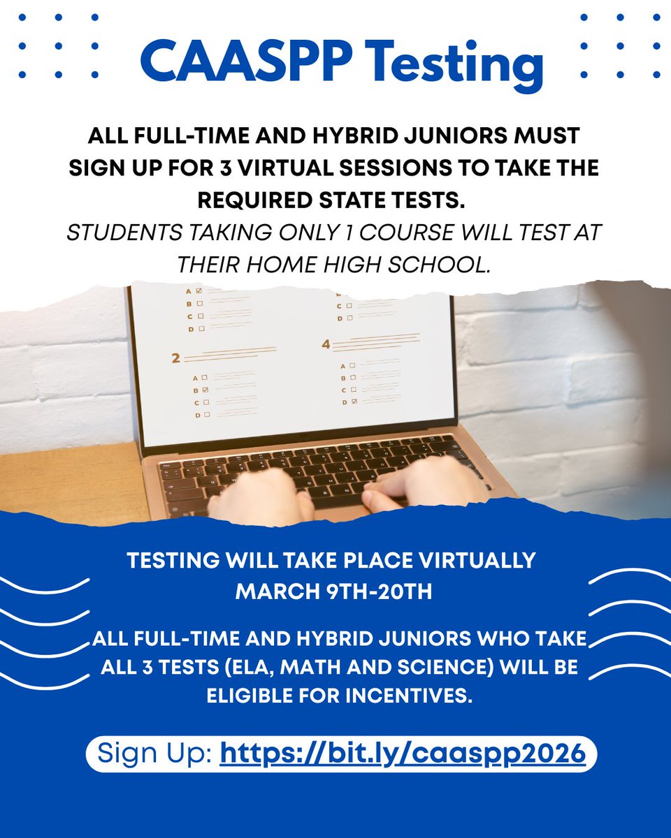 scvahs's tweet photo. All full-time and hybrid enrolled Juniors must sign up for 3 virtual sessions to take the required state tests March 9th-20th.

Students taking only 1 course will test at their home high school.

Sign Up: https://t.co/w60qtLLz9I https://t.co/EKojEFM7Rh