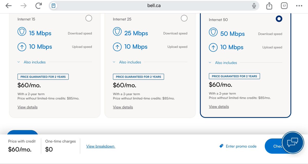 Jonavin's tweet photo. It’s 2026 and @bell offers me these internet options. Blazing speeds of 50mbps on the high end. I don’t live in the middle of nowhere. https://t.co/kRg6uEJu3B