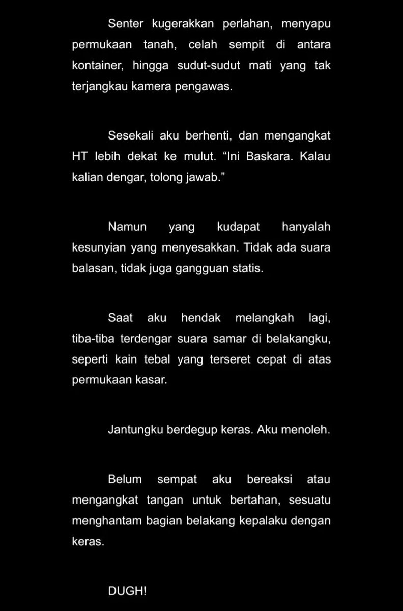Wahyu masih muda, tubuhnya kekar. Rahmat tampak seperti remaja meski 35 tahun. Baskara hanya ingin bertahan untuk keluarga. Malam ini mereka bersatu dalam rahasia kelam. Baca selengkapnya di bacaanseru.in