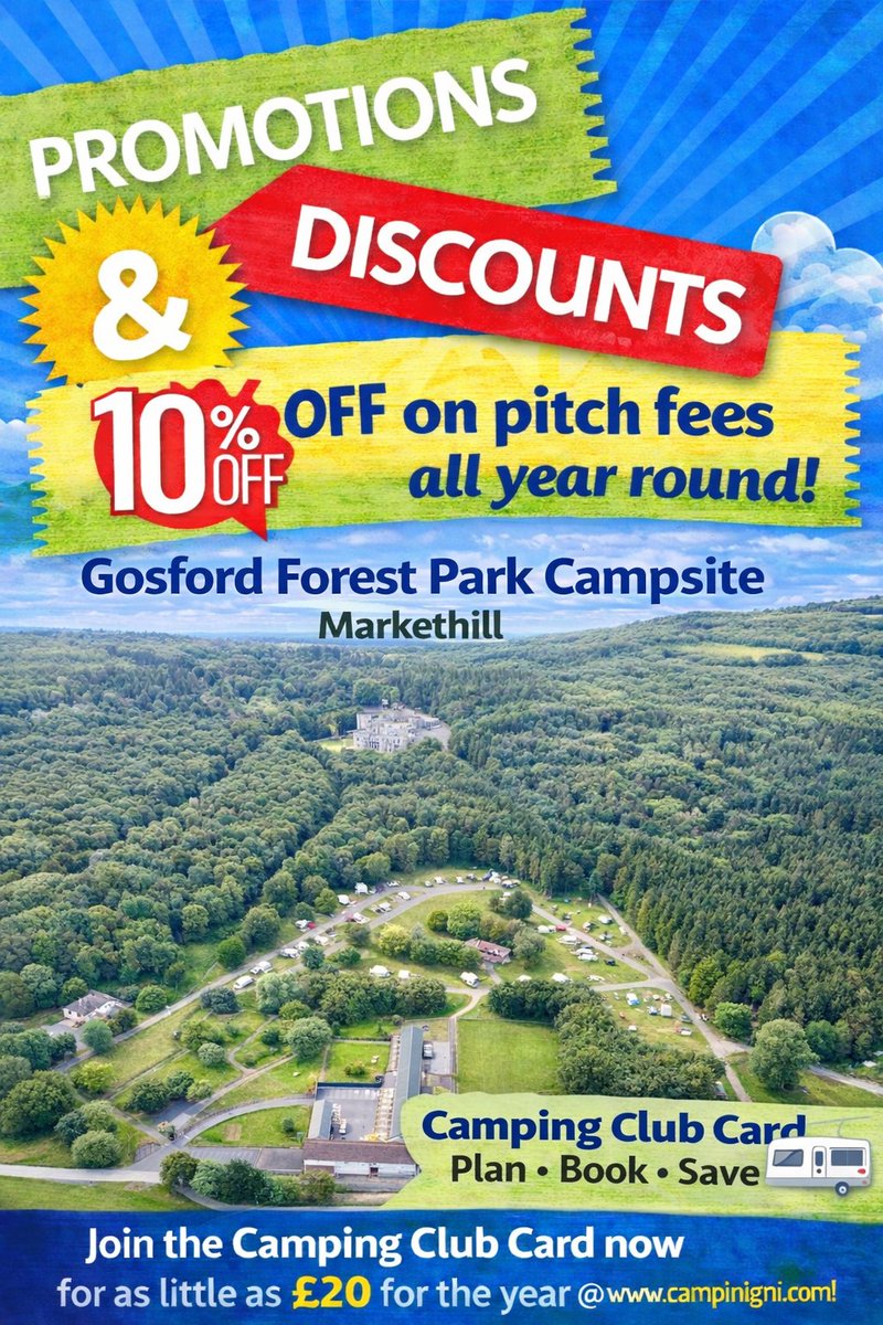 🌲🏕️ Stay &amp; Save at Gosford Forest Park Campsite, Markethill!  Camping NI Club Card members get 10% OFF pitch fees all year round. Enjoy woodland trails, scenic walks &amp; the beautiful Gosford Castle — perfect for a family camping escape 🌳✨
💚 Plan • Book • Save
👉 Join today
